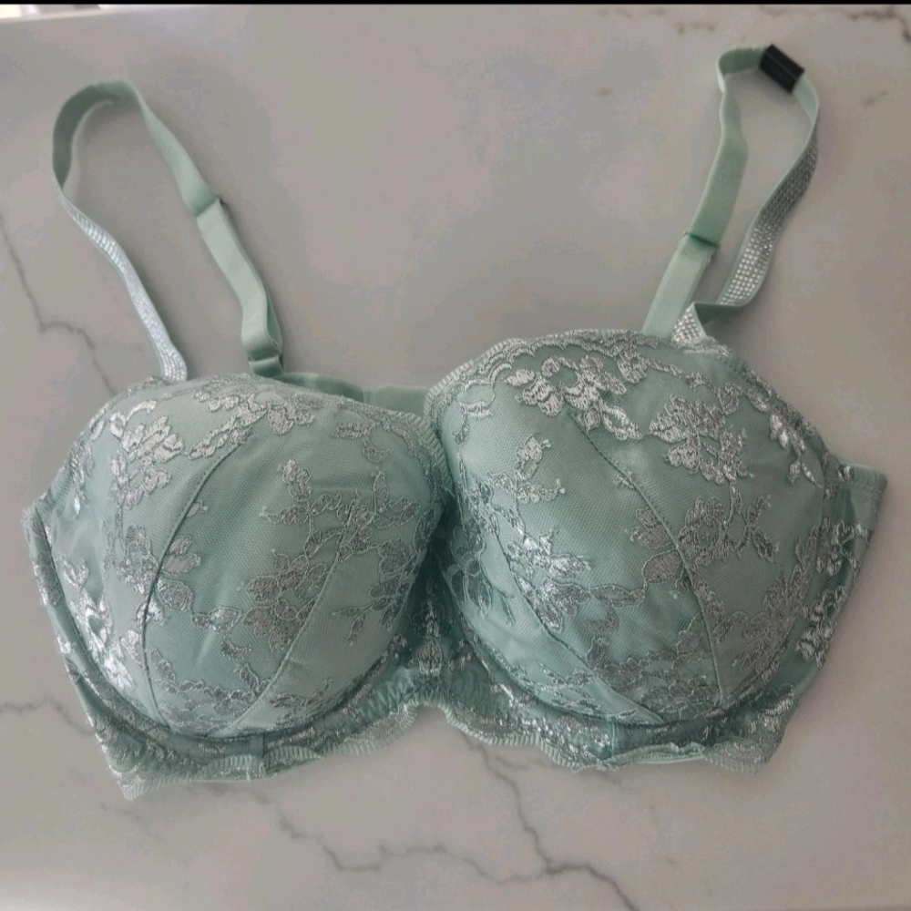 Victorias Secret Dream Angels Lined Demi Bra Mint Green Silver Lace Size 36DD - Picture 1 of 6